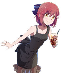 Rule 34 | 1girl, :q, absurdres, azami masurao, back bow, bare arms, black bow, black dress, blue bow, bow, breasts, closed mouth, collarbone, dress, drinking straw, hair between eyes, hair bow, highres, holding, kohaku (tsukihime), leaning forward, medium hair, red hair, simple background, sleeveless, sleeveless dress, small breasts, solo, standing, tongue, tongue out, tsukihime, white background, yellow eyes
