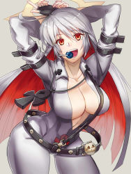 Rule 34 | 1girl, ankh, belt, belt buckle, bodysuit, breasts, buckle, candy, cleavage, food, gloves, guilty gear, guilty gear xrd, jack-o&#039; valentine, large breasts, long hair, looking at viewer, mitsumachi senji, multicolored hair, open mouth, red eyes, red hair, smile, two-tone hair, very long hair, white bodysuit