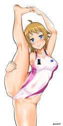 Rule 34 | 1girl, absurdres, ahoge, aiuti, arm up, armpits, ass, barefoot, blonde hair, blue eyes, blush, bodypaint, breasts, commission, competition swimsuit, completely nude, gundam, gundam build fighters, gundam build fighters try, highres, hoshino fumina, long hair, looking at viewer, navel, nipples, nude, one-piece swimsuit, painted clothes, pixiv commission, pussy, simple background, smile, solo, split, standing, standing on one leg, standing split, swimsuit, white background