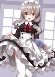 Rule 34 | 1girl, :d, apron, blush, bow, brown eyes, dress, frills, grey hair, hair between eyes, hair bow, highres, holding, holding tray, koisuru asteroid, long hair, long sleeves, looking at viewer, maid, maid headdress, morino mari, neck ribbon, open mouth, ribbon, ruu (tksymkw), smile, solo, thighhighs, tray, white apron, white thighhighs