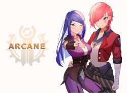 Rule 34 | 2girls, arcane: league of legends, arm around waist, belt, blue eyes, blue hair, caitlyn (league of legends), copyright name, cropped jacket, facial tattoo, finger gun, highres, jacket, kuroko1604, league of legends, long hair, loose belt, multiple girls, one eye closed, pants, pink hair, pointing, pointing at viewer, red jacket, smile, striped clothes, striped pants, tattoo, vi (league of legends), wrist wrap