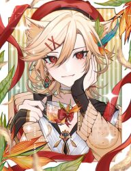 Rule 34 | 1boy, animal ears, blonde hair, cat boy, cat ears, closed mouth, cup, extra ears, fang, feather hair ornament, feathers, genshin impact, hair ornament, head rest, holding, holding cup, jewelry, kaveh (genshin impact), looking at viewer, male focus, medium hair, necklace, red eyes, red headwear, red ribbon, ribbon, smile, solo, teacup, white background, xiaoquantaohua