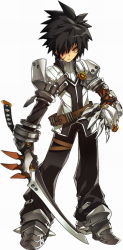 Rule 34 | 1boy, armor, belt, black hair, black pants, claws, elsword, full body, gloves, hair over one eye, jacket, male focus, mechanical arms, official art, pants, raven cronwell, ress, serious, shoes, single mechanical arm, solo, spiked hair, standing, sword, sword taker (elsword), weapon, white background, yellow eyes