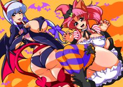 Rule 34 | 2girls, absurdres, alternate costume, animal ears, animal print, ass, bat print, blush, breasts, bridal gauntlets, brown eyes, butt crack, cat ears, cat tail, clair lasbard, demon girl, demon horns, demon wings, embarrassed, fang, from behind, halloween, halloween costume, hat, highres, horns, huge ass, large breasts, long hair, looking at viewer, looking back, multiple girls, open mouth, perisie (star ocean), pink hair, ponytail, red eyes, ryoi, shiny clothes, shiny skin, short shorts, shorts, sideboob, silver hair, smile, star ocean, star ocean anamnesis, star ocean first departure, star ocean till the end of time, striped legwear, tail, tattoo, thighhighs, wings, witch hat