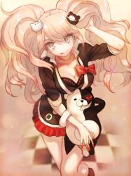 Rule 34 | 10s, 1girl, bad id, bad pixiv id, blue eyes, breasts, cleavage, closed mouth, collarbone, danganronpa (series), enoshima junko, eyebrows, eyelashes, female focus, hair ornament, jewelry, large breasts, legs together, long hair, looking at viewer, miniskirt, monokuma, necklace, necktie, pink hair, pleated skirt, shirakino, skirt, sleeves rolled up, smile, solo focus, spoilers, tongue, tongue out, twintails