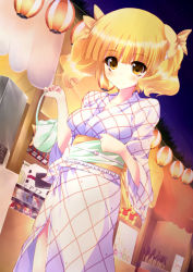 Rule 34 | 10s, 1girl, alternate hairstyle, blonde hair, blush, bow, breasts, hair bow, hair up, japanese clothes, kimono, kise yayoi, looking at viewer, medium breasts, nekoyaso, precure, short hair, smile, smile precure!, solo, twintails