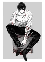 Rule 34 | 1boy, absurdres, black hair, blood, blood on clothes, blood on face, blood on hands, bloody weapon, closed mouth, collared shirt, copyright name, greyscale, highres, holding, holding sword, holding weapon, looking at viewer, male focus, monochrome, nagumo (sakamoto days), sakamoto days, shirt, sitting, sleeves rolled up, smile, solo, spot color, sword, weapon, white shirt, yoon (dmsco1803)