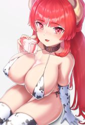 Rule 34 | 1girl, absurdres, animal print, areola slip, bikini, cccco, collar, cow horns, cow print, elbow gloves, gloves, highres, horns, last origin, leprechaun (last origin), long hair, looking at viewer, milk carton, open mouth, red eyes, red hair, side-tie bikini bottom, simple background, smile, solo, swimsuit, thigh gap, thighhighs, white background