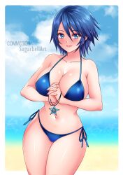 Rule 34 | 1girl, absurdres, aqua (kingdom hearts), beach, bikini, blue eyes, blue hair, breasts, commission, highres, jewelry, kingdom hearts, kingdom hearts ii, kingdom hearts iii, large breasts, looking at viewer, own hands clasped, own hands together, sky, smile, sugarbell, swimsuit
