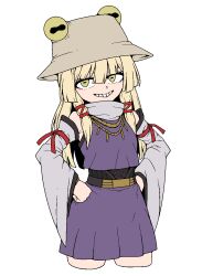 Rule 34 | 1girl, blonde hair, brown hat, commentary request, cropped legs, detached sleeves, flat color, formicid, grin, hair between eyes, hair ribbon, hands on own hips, hat, horizontal pupils, jaggy lines, korean commentary, long hair, looking at viewer, moriya suwako, purple vest, red ribbon, ribbon, simple background, smile, solo, touhou, vest, white background, wide sleeves, yellow eyes