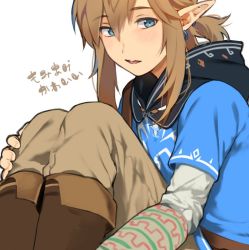 Rule 34 | 1boy, blonde hair, blue eyes, blush, link, long hair, looking at viewer, male focus, nintendo, open mouth, pointy ears, ponytail, roda (roda826), smile, solo, the legend of zelda, the legend of zelda: breath of the wild