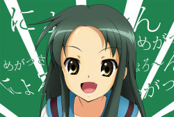 Rule 34 | 1girl, fang, green hair, open mouth, raaji l, school uniform, suzumiya haruhi no yuuutsu, tsuruya, yellow eyes
