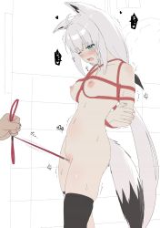 Rule 34 | 1boy, 1girl, ahoge, animal ears, black thighhighs, blush, bound, braid, breasts, cleft of venus, clitoris leash, clitoris piercing, completely nude, fox ears, fox girl, fox tail, green eyes, hetero, highres, hololive, leash, leash pull, looking down, medium breasts, navel, nipples, norigure18, nude, open mouth, piercing, pussy piercing, shibari, shirakami fubuki, solo focus, standing, sweat, tail, thigh strap, thighhighs, thighs, virtual youtuber, white hair, wince