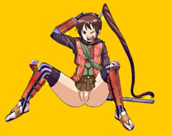 Rule 34 | boots, brown hair, capcom, gloves, japanese clothes, long hair, no panties, nude filter, onimusha, open mouth, ponytail, pussy, red eyes, samurai, spread legs, sword, thigh boots, thighhighs, third-party edit, uncensored, weapon, yagyu jubei akane