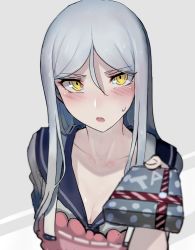 Rule 34 | 10s, 1girl, abyssal ship, apron, blush, box, breasts, character name, cleavage, commentary request, foreshortening, gift, gift box, grey shirt, hair between eyes, highres, holding, holding gift, kantai collection, long hair, looking at viewer, medium breasts, open mouth, pink apron, sailor collar, sailor shirt, shirt, short sleeves, sidelocks, solo, sweat, sweatdrop, ta-class battleship, tsundere, upper body, valentine, walzrj, white background, white hair, yellow eyes