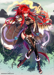 Rule 34 | 1girl, animal print, black dress, black gloves, black thighhighs, cape, chain, dress, fire, full body, gloves, green eyes, high heels, long hair, neuro48, open mouth, open shoes, original, red hair, smile, solo, thighhighs, tiger print, torn clothes, torn thighhighs