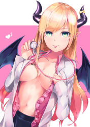 Rule 34 | 1girl, bat tattoo, blonde hair, breasts, chest tattoo, demon girl, demon horns, demon wings, highres, hololive, horns, kie (yospcd), large breasts, navel, pointy ears, solo, stethoscope, tattoo, tongue, tongue out, virtual youtuber, wings, yuzuki choco, yuzuki choco (1st costume)
