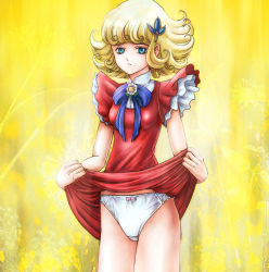 Rule 34 | 1970s (style), 1girl, blonde hair, blue bow, blue eyes, bow, bow panties, breasts, clothes lift, cowboy shot, dress, dress lift, floral background, hair ornament, hana no ko lunlun, looking at viewer, lunlun, magical girl, minakaya, oldschool, panties, pantyshot, red dress, retro artstyle, small breasts, solo, standing, underwear, wavy hair, white panties
