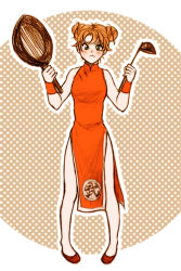 Rule 34 | 1girl, alternate costume, breasts, china dress, chinese clothes, curly hair, double bun, dragon quest, dragon quest vii, dress, frown, full body, hair bun, maribel (dq7), medium breasts, orange theme, outline, red hair, short hair, solo, standing, white outline