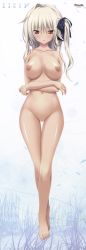 Rule 34 | 1girl, :o, absurdres, amatsutsumi, barefoot, blush, breasts, completely nude, crossed arms, dakimakura (medium), full body, hair ribbon, highres, inverted nipples, koizuka mana (amatsutsumi), koku, large breasts, long hair, looking at viewer, navel, nipples, nude, official art, ribbon, side ponytail, solo, thigh gap, white hair