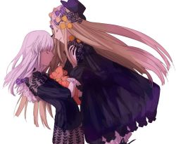 Rule 34 | 2girls, abigail williams (fate), bad id, bad twitter id, black dress, black hat, commentary request, dress, fate/grand order, fate (series), from side, hat, holding, holding stuffed toy, lavinia whateley (fate), long hair, multiple girls, open mouth, pale skin, smile, stuffed animal, stuffed toy, teddy bear, very long hair, white background, white hair