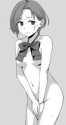 Rule 34 | 1girl, banned artist, blush, bow, bowtie, bracelet, breasts, closed mouth, convenient censoring, covering privates, covering crotch, greyscale, jewelry, kantai collection, makio (makiomeigenbot), medium breasts, mole, mole on neck, monochrome, nude, short hair, simple background, solo, tamanami (kancolle)