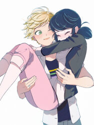 Rule 34 | 1boy, 1girl, adrien agreste, black jacket, black shirt, blazer, blonde hair, blue hair, blush, carrying, closed eyes, earrings, green eyes, highres, jacket, jewelry, marinette dupain-cheng, miraculous ladybug, one eye closed, open clothes, open jacket, pants, pink pants, princess carry, ring, seio (nao miragggcc45), shirt, simple background, smile, white background, white jacket, white shirt