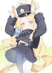 Rule 34 | 1girl, absurdres, animal, animal ear fluff, animal ears, armband, belt, bird, black belt, black hat, black skirt, blonde hair, blue archive, blue armband, blush, closed mouth, commentary request, cosplay, dated, gloves, green background, green eyes, halo, hands up, hat, hikari (blue archive), highres, hikari (blue archive) (cosplay), long hair, looking at viewer, midriff, mofftarkin, multicolored eyes, pantyhose, pink eyes, pleated skirt, seia (blue archive), skirt, solo, standing, two-tone background, very long hair, white background, white gloves, white pantyhose, yellow halo