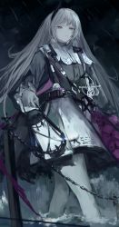 Rule 34 | 1girl, absurdres, ammunition belt, arknights, black dress, black sky, chain, dress, feet out of frame, fence, gloves, grey eyes, grey gloves, grey hair, head wings, highres, holding, holding lantern, irene (arknights), lantern, long hair, long sleeves, multicolored clothes, multicolored dress, pantyhose, pink dress, rain, sky, sword, very long hair, wading, water, weapon, white dress, white pantyhose, wings, yuki flourish