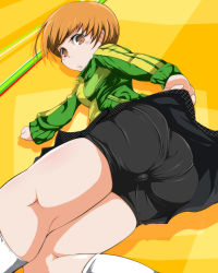Rule 34 | 1girl, ass, atlus, bike shorts, blush, clothes lift, from behind, from below, geroika, highres, huge ass, jacket, looking down, megami tensei, orange eyes, orange hair, p don, pantylines, persona, persona 4, satonaka chie, shin megami tensei, short hair, skirt, skirt lift, track jacket