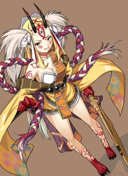 Rule 34 | 1girl, :d, alternate breast size, arm at side, bare shoulders, beads, blonde hair, breasts, brown background, claws, cleavage, colored skin, facial mark, fate/grand order, fate (series), from above, full body, headdress, holding, holding weapon, horns, ibaraki douji (fate), japanese clothes, kimono, long hair, long sleeves, looking at viewer, multicolored hair, off shoulder, oni horns, open mouth, red skin, rope, shiseki hirame, short kimono, side ponytail, silver hair, simple background, smile, solo, standing, tassel, tattoo, two-tone hair, two side up, very long hair, weapon, wide sleeves