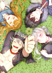 Rule 34 | 2boys, 2girls, :d, abs, absurdres, asta (black clover), black clover, black hair, black headband, blush, brown eyes, brown hair, cape, capelet, closed eyes, clover, clover (flower), commentary request, flower, four-leaf clover, frit 2, frown, grey hair, headband, highres, holding, holding clover, laughing, looking at viewer, lying, mimosa vermillion, multiple boys, multiple girls, no eyewear, noelle silva, on back, on ground, open mouth, purple eyes, smile, twintails, yuno (black clover)