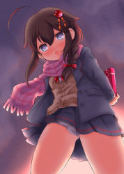 Rule 34 | 10s, 1girl, ahoge, alternate costume, arms behind back, black hair, blue eyes, blush, bow, box, braid, coat, derivative work, embarrassed, from below, gift, gift box, hair bow, hair ornament, hair ribbon, highres, holding, kanon (kurogane knights), kantai collection, long hair, looking at viewer, open mouth, panties, pantyshot, pleated skirt, ribbon, scarf, school uniform, shigure (kancolle), single braid, skirt, solo, standing, underwear, valentine, white panties, wind