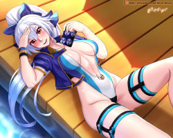 Rule 34 | 1girl, adapted costume, blue bow, blue jacket, blue one-piece swimsuit, blush, bow, breasts, breasts apart, cellphone, collarbone, competition swimsuit, cropped jacket, fate/grand order, fate (series), hair between eyes, hair bow, highleg, highleg swimsuit, highres, holding, holding phone, jacket, long hair, medium breasts, mitsudomoe (shape), multicolored clothes, multicolored swimsuit, navel, one-piece swimsuit, open clothes, open jacket, patreon username, phone, ponytail, red eyes, shadow, silver hair, smartphone, smile, solo, striped clothes, striped one-piece swimsuit, swimsuit, thigh strap, tomoe (symbol), tomoe gozen (fate), tomoe gozen (swimsuit saber) (fate), tomoe gozen (swimsuit saber) (first ascension) (fate), unzipped, very long hair, vilde loh hocen, watermark, web address, white one-piece swimsuit, wristband