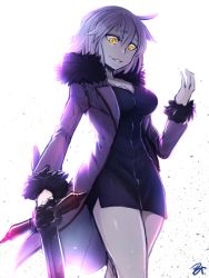 Rule 34 | 1girl, black dress, blonde hair, breasts, cleavage, coat, commentary request, dress, evil smile, fate/grand order, fate (series), fur coat, gesugao, holding, holding sword, holding weapon, jeanne d&#039;arc (fate), jeanne d&#039;arc alter (fate), jeanne d&#039;arc alter (ver. shinjuku 1999) (fate), long sleeves, looking at viewer, matsumoto tomoyohi, medium breasts, official alternate costume, short hair, simple background, smile, smirk, solo, sword, weapon, white background, yellow eyes