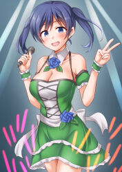Rule 34 | 1girl, alternate costume, anti (untea9), blue eyes, blue hair, blush, breasts, cleavage, detached collar, dress, flower brooch, frilled dress, frills, glowstick, green dress, hair ribbon, highres, holding, holding microphone, idol, idol clothes, kantai collection, large breasts, looking at viewer, microphone, open mouth, ribbon, smile, solo, souryuu (kancolle), stage lights, twintails, v, white ribbon, wrist cuffs