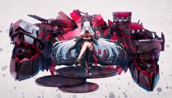 Rule 34 | 1girl, absurdres, asymmetrical horns, azur lane, bare shoulders, black thighhighs, blue eyes, brandenburg (battleship), breasts, cannon, clothing cutout, colored tips, crop top, cross, crossed legs, elbow gloves, feather boa, gloves, grey hair, halo, hand on leg, highres, holo ccz, horns, iron cross, large breasts, legs, long hair, mechanical horns, mismatched horns, multicolored hair, original, pantyhose, personification, rigging, simple background, single leg pantyhose, single thighhigh, sitting, solo, thighhighs, thighhighs over pantyhose, underboob, underboob cutout, very long hair, white background, world of warships