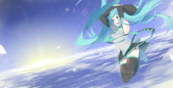 Rule 34 | 1girl, :d, armpits, arms up, black skirt, black thighhighs, boots, breasts, cloud, commentary, day, detached sleeves, fhang, from side, full body, green eyes, green hair, green necktie, green skirt, hatsune miku, highres, legs up, lens flare, long hair, long sleeves, looking to the side, medium breasts, necktie, open mouth, outdoors, pleated skirt, shirt, skirt, sky, sleeveless, sleeveless shirt, smile, solo, sun, sunrise, thigh boots, thighhighs, twintails, very long hair, vocaloid