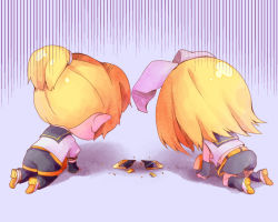 Rule 34 | 1boy, 1girl, all fours, arm warmers, belt, black collar, black shorts, black sleeves, blonde hair, bow, broken, brother and sister, chibi, collar, commentary, despair, emphasis lines, from behind, hair bow, handheld game console, harusamesyota, highres, kagamine len, kagamine rin, looking down, sailor collar, school uniform, shirt, shoes, short hair, short ponytail, short sleeves, shorts, siblings, twins, vocaloid, white bow, white footwear, white shirt