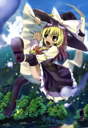 Rule 34 | 1girl, bad id, bad pixiv id, blonde hair, braid, female focus, forest, full body, hat, hidebo, ittan momen, kirisame marisa, nature, outdoors, plant, shoes, short hair, single shoe, sky, solo, thighhighs, touhou, witch, witch hat, yellow eyes