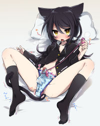 Rule 34 | 1boy, anal, anal object insertion, animal ears, artist request, black hair, blush, bulge, cat ears, cat tail, censored, erection, long hair, male focus, male penetrated, object insertion, original, panties, penis, pillow, sex toy, solo, tail, trap, underwear, vibrator, yellow eyes