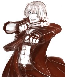 Rule 34 | 1boy, abs, dante (devil may cry), devil may cry (series), dual wielding, ebony (devil may cry), fingerless gloves, gloves, gun, handgun, highres, holding, ivory (devil may cry), jacket, m1911, male focus, monochrome, pistol, short hair, solo, tridisart, weapon, white hair