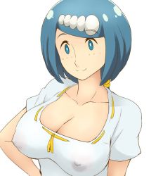 Rule 34 | 1girl, blue eyes, blue hair, breasts, cleavage, covered erect nipples, creatures (company), eyebrows, freckles, game freak, lana&#039;s mother (pokemon), long hair, matching hair/eyes, mature female, nintendo, pokemon, pokemon (anime), pokemon sm (anime), simple background, solo, tof, white background