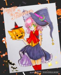 Rule 34 | 1girl, alternate costume, bat (animal), blush, bartz klauser, candy, crescent, final fantasy, final fantasy v, food, green eyes, halloween, happy halloween, hat, highres, hio-sazanami, jack-o&#039;-lantern, lenna charlotte tycoon, lollipop, looking at viewer, pink hair, red ribbon, ribbon, short hair, solo, traditional media, white background, witch, witch hat