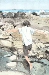 1boy barefoot black_hair black_shorts blue_sky day facing_away hands_up highres jumping narihayao original outdoors painting_(medium) shirt shore short_hair short_sleeves shorts sky t-shirt traditional_media water white_shirt