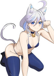 Rule 34 | 1girl, animal ear fluff, animal ears, bare arms, bare shoulders, bell, bikini, blue bikini, blue choker, blue eyes, blue thighhighs, blush, breasts, cat ears, cat tail, choker, commentary request, furina (genshin impact), genshin impact, groin, hair between eyes, hand up, highres, kemonomimi mode, kneeling, looking at viewer, neck bell, paw pose, short hair, simple background, small breasts, smile, solo, stomach, swimsuit, tail, thighhighs, thighs, white background, white hair, yellow glasses (odivichno)
