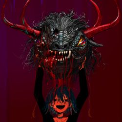 Rule 34 | 1girl, :d, antlers, black eyes, blood, blood on face, blue hair, bob cut, hands up, highres, horns, jewelry, looking at viewer, monster, multicolored hair, narue, necklace, open mouth, original, red background, severed head, short hair, smile, solo, streaked hair