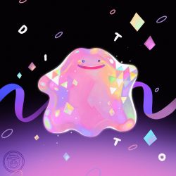 Rule 34 | artist name, commentary, confetti, creatures (company), ditto, full body, game freak, gen 1 pokemon, gummy (happyyu), highres, nintendo, no humans, open mouth, pokemon, pokemon (creature), purple ribbon, ribbon, smile, solo, watermark