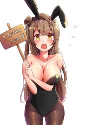 Rule 34 | 10s, 1girl, animal ears, blush, breasts, brown eyes, cleavage, covered navel, english text, fake animal ears, flying sweatdrops, grey hair, highres, holding, holding sign, large breasts, leotard, long hair, looking at viewer, love live!, love live! school idol project, minami kotori, mistynight, open mouth, playboy bunny, rabbit ears, sign, simple background, solo, standing, sweat, sweatdrop, white background