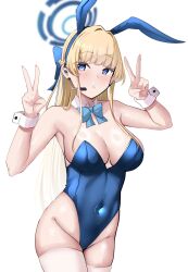 Rule 34 | 1girl, animal ears, backless leotard, bare shoulders, blonde hair, blue archive, blue bow, blue eyes, blue halo, blue leotard, blue nails, bow, bowtie, braid, breasts, closed mouth, collarbone, commentary request, cowboy shot, detached collar, double v, ear piercing, fake animal ears, french braid, hair bow, halo, highleg, highleg leotard, highres, leotard, light blush, long hair, looking at viewer, mechanical halo, medium breasts, multicolored hair, official alternate costume, official alternate hairstyle, piercing, playboy bunny, rabbit ears, simple background, solo, strapless, strapless leotard, streaked hair, tf cafe, thighs, toki (blue archive), toki (bunny) (blue archive), v, very long hair, white background, white wrist cuffs, wrist cuffs